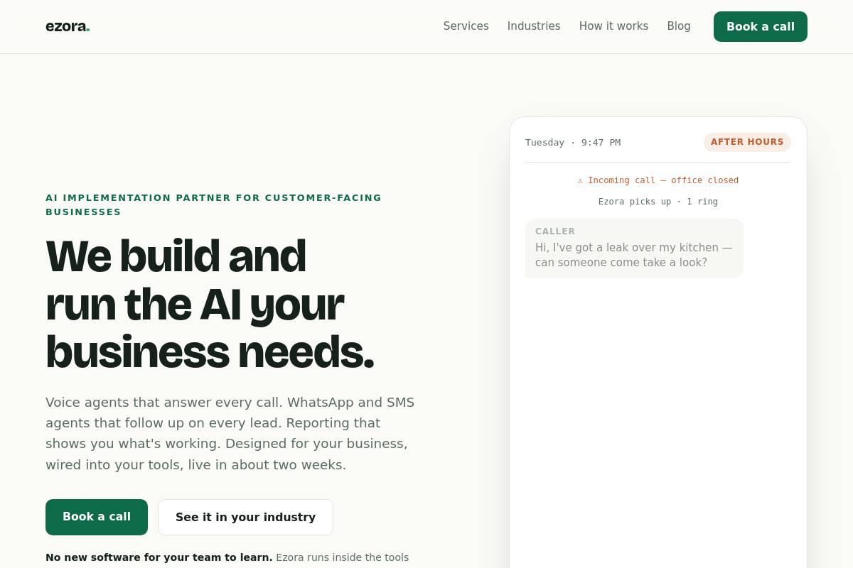 1. Ezora: Best for AI Voice and Messaging Front Office Automation