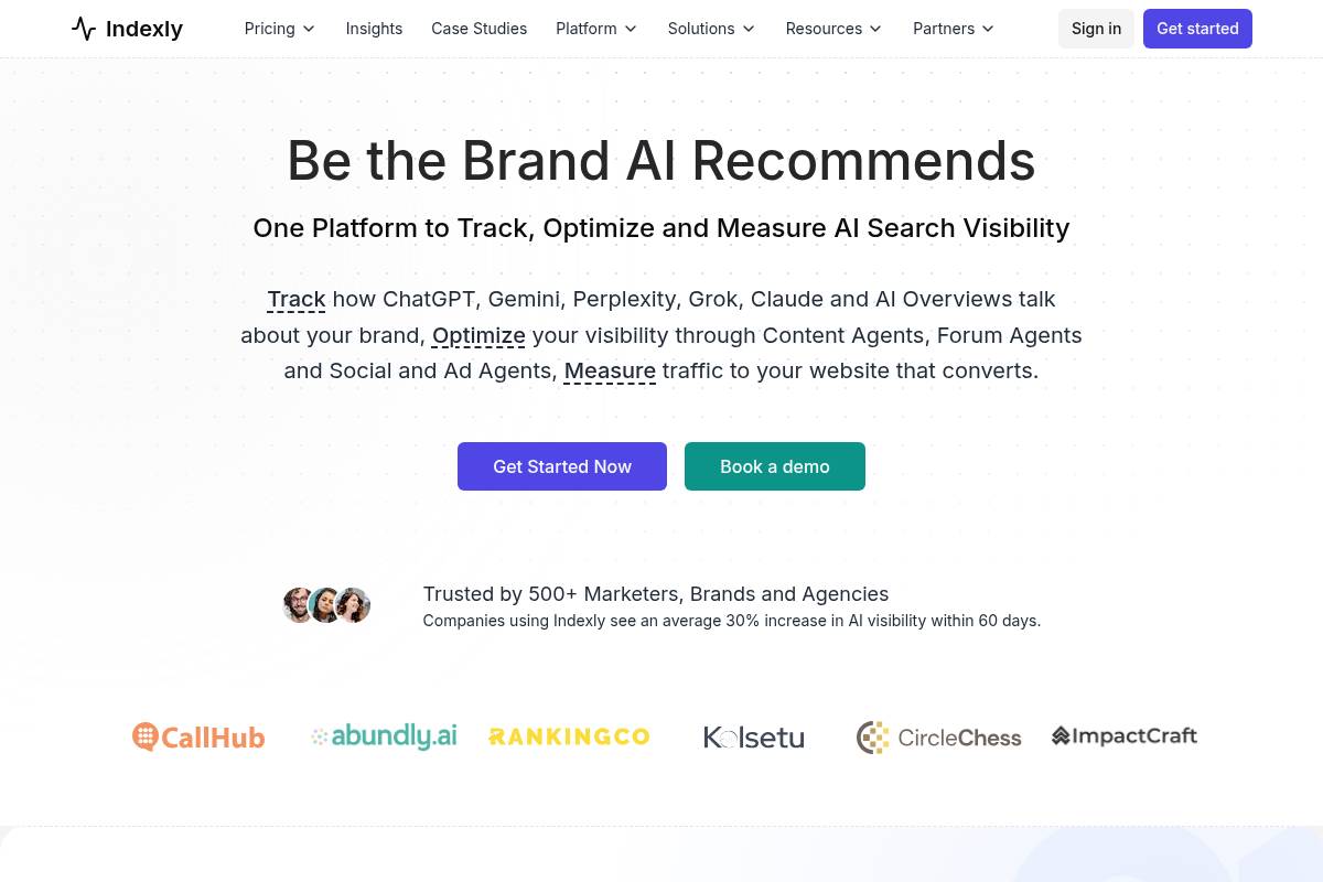 1. Indexly: Best for AI Search Visibility and GEO Content Agents
