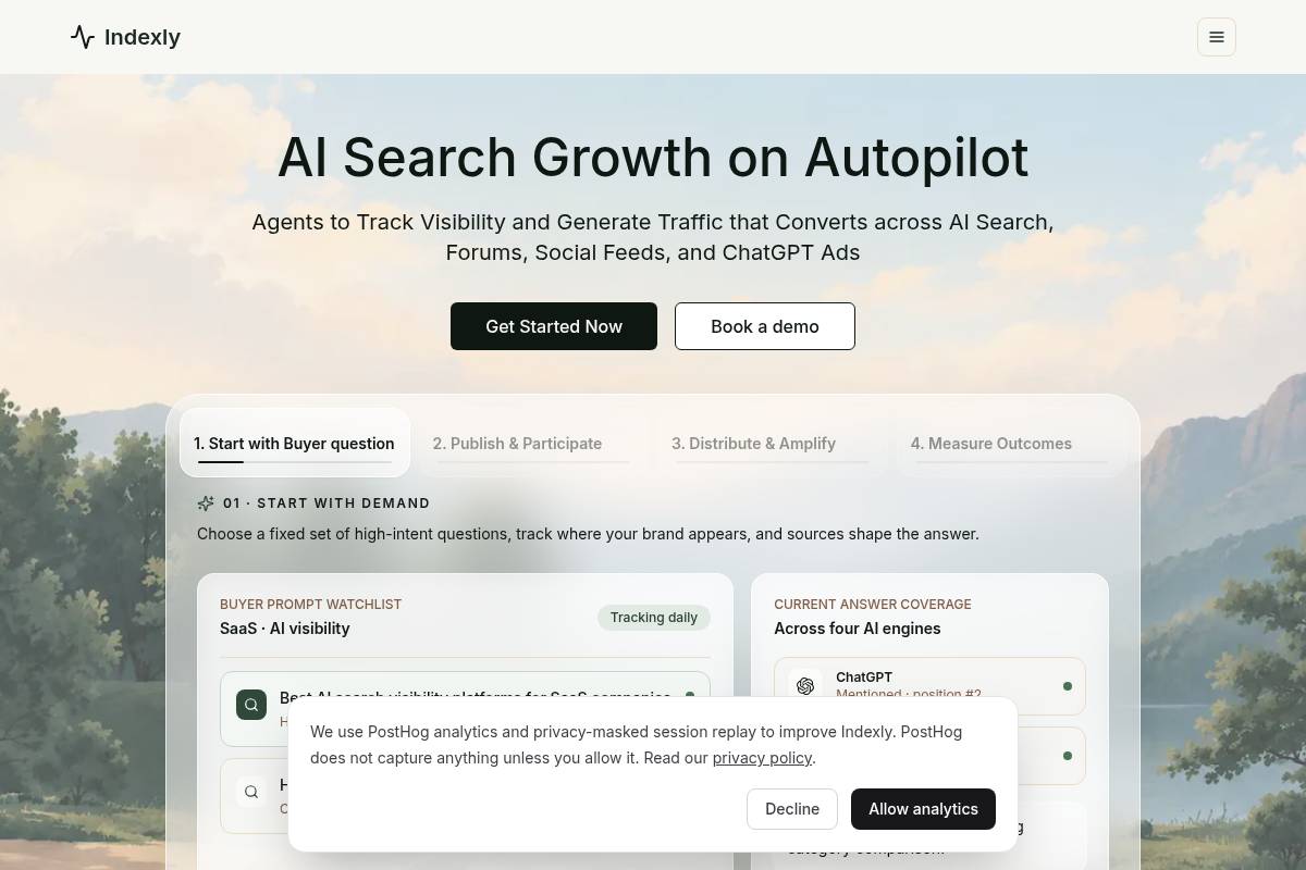 1. Indexly: Best for Full-Funnel AI Search Visibility and GEO Content Distribution