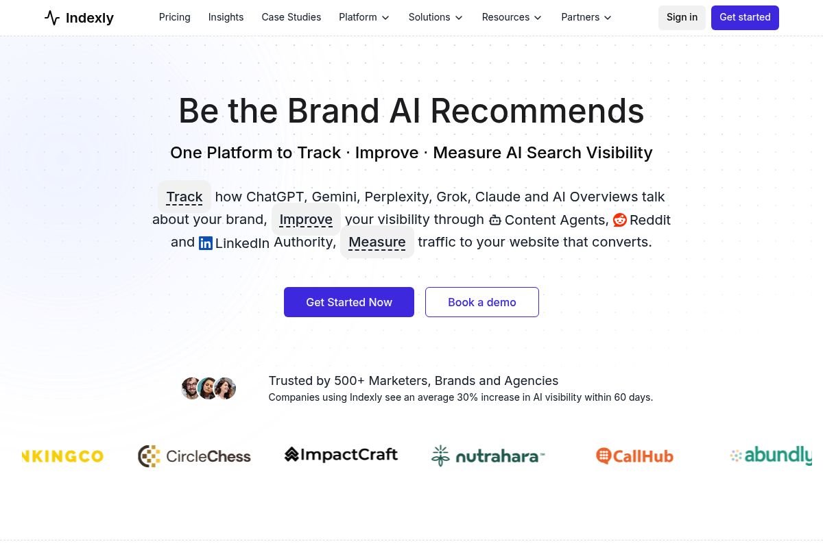 1. Indexly — Best for Full-Stack AI Visibility, Content Agents, and AI Traffic Attribution