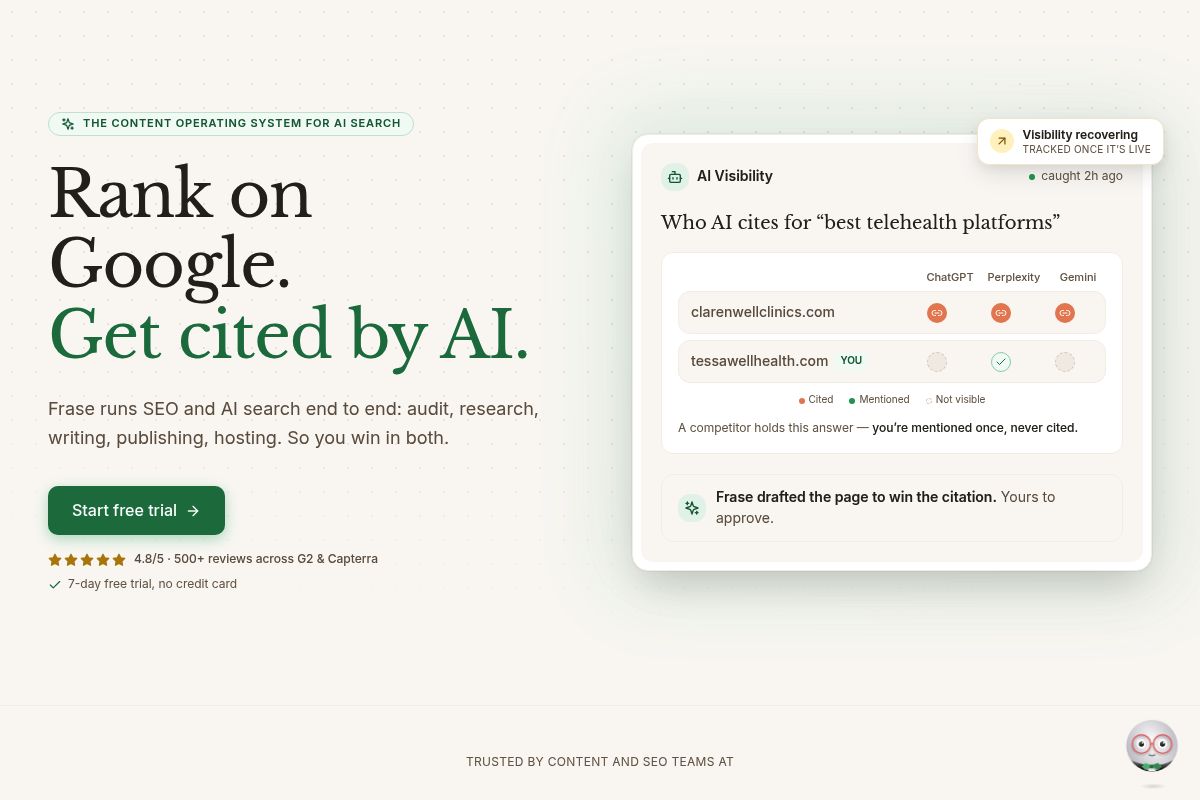 10. Frase — Best for Content Teams Wanting AI Visibility Monitoring Plus Writing in One Tool