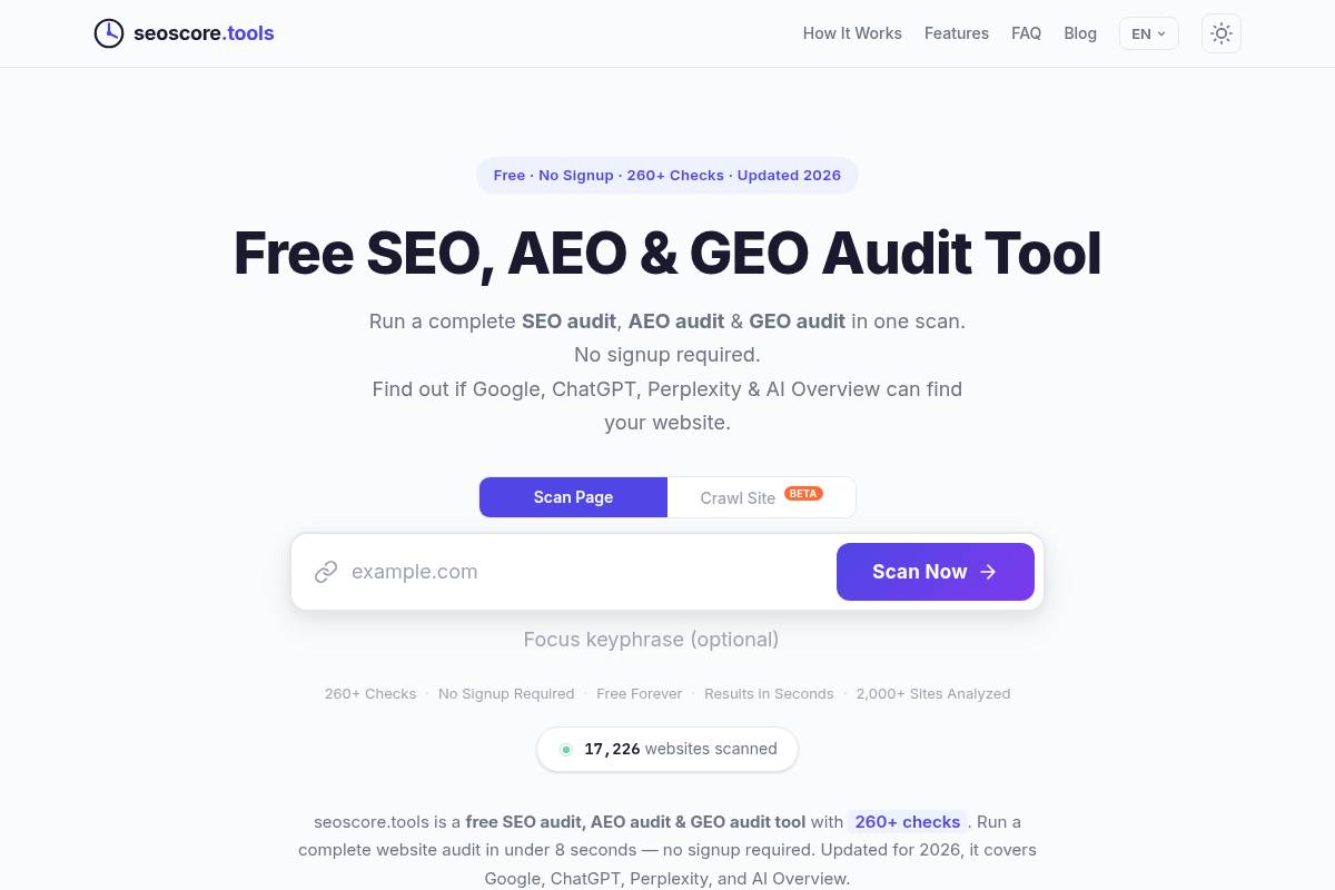 10. SEOScore.tools — Best Completely Free AEO and GEO Audit Tool