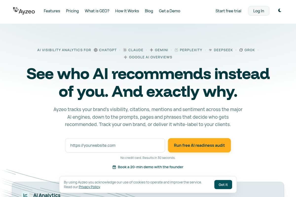 2. Ayzeo — Best for Agency-First GEO Analytics with Native GA4 Integration