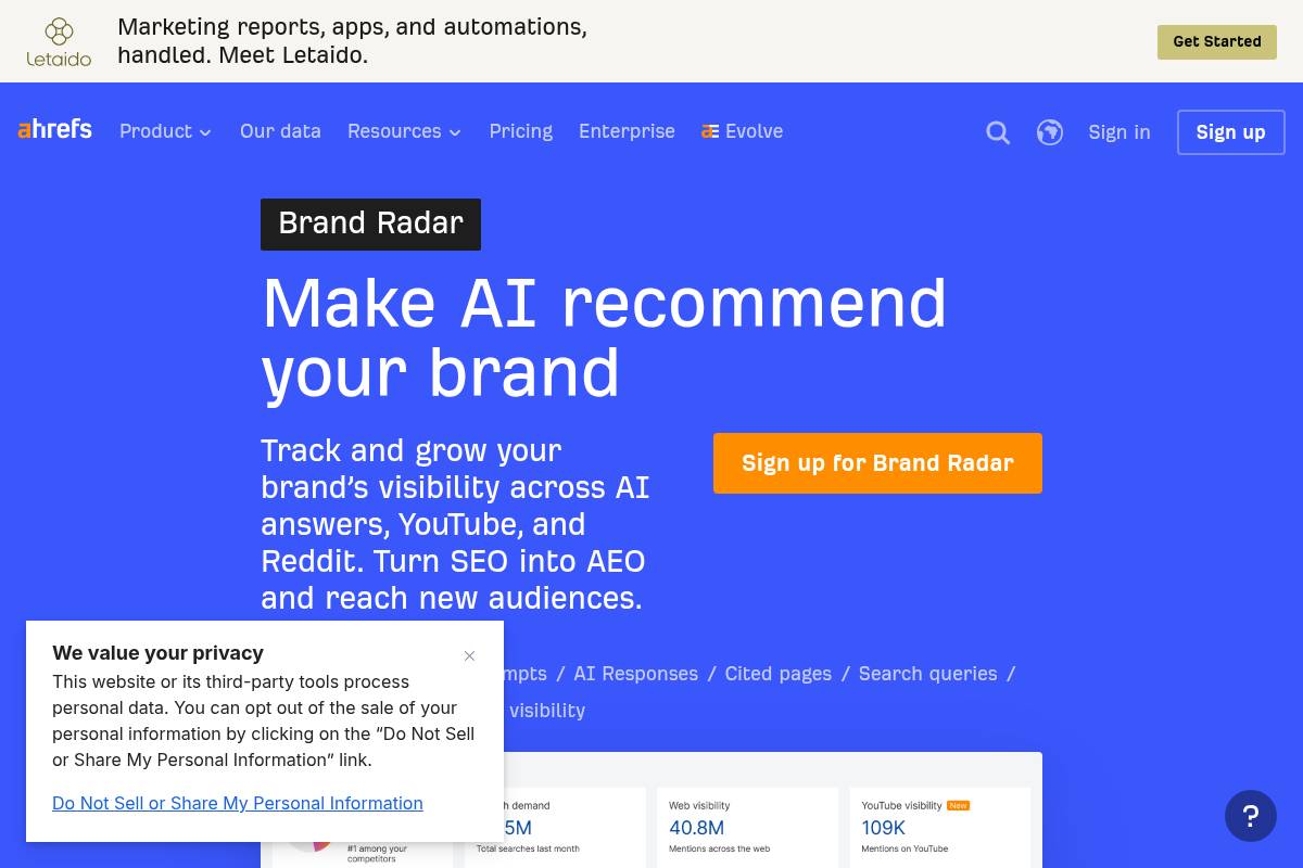 3. Ahrefs Brand Radar: Best for Existing Ahrefs Customers