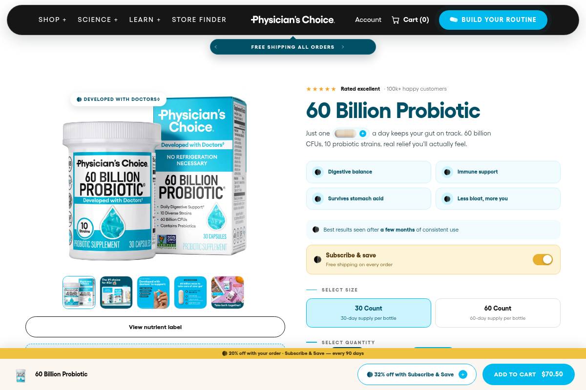 4. Physician's Choice 60 Billion Probiotic: Best for High CFU Count at an Accessible Price