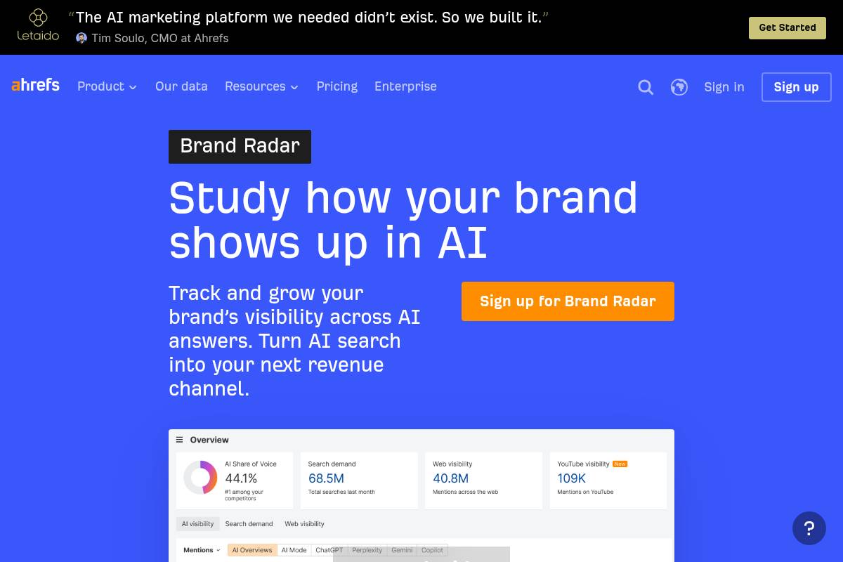 5. Ahrefs Brand Radar: Best for Teams Already Inside the Ahrefs Ecosystem