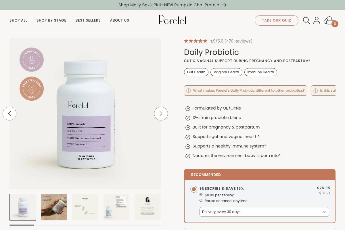 6. Perelel Daily Probiotic: Best for Pregnancy and Postpartum Support