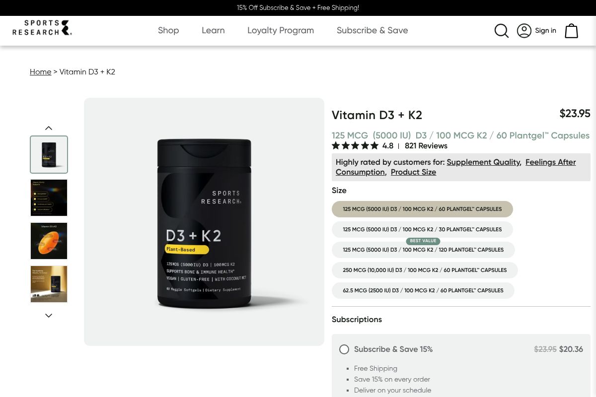 6. Sports Research Vitamin D3 + K2: Best for Vegan, Coconut-Oil-Based Softgels