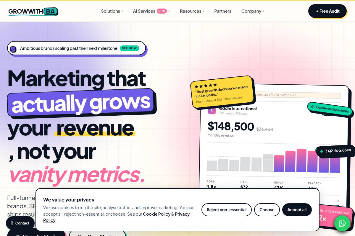 7. GrowWithBA: Best for Flat-Fee Category Ads and Inventory-Linked Strategy