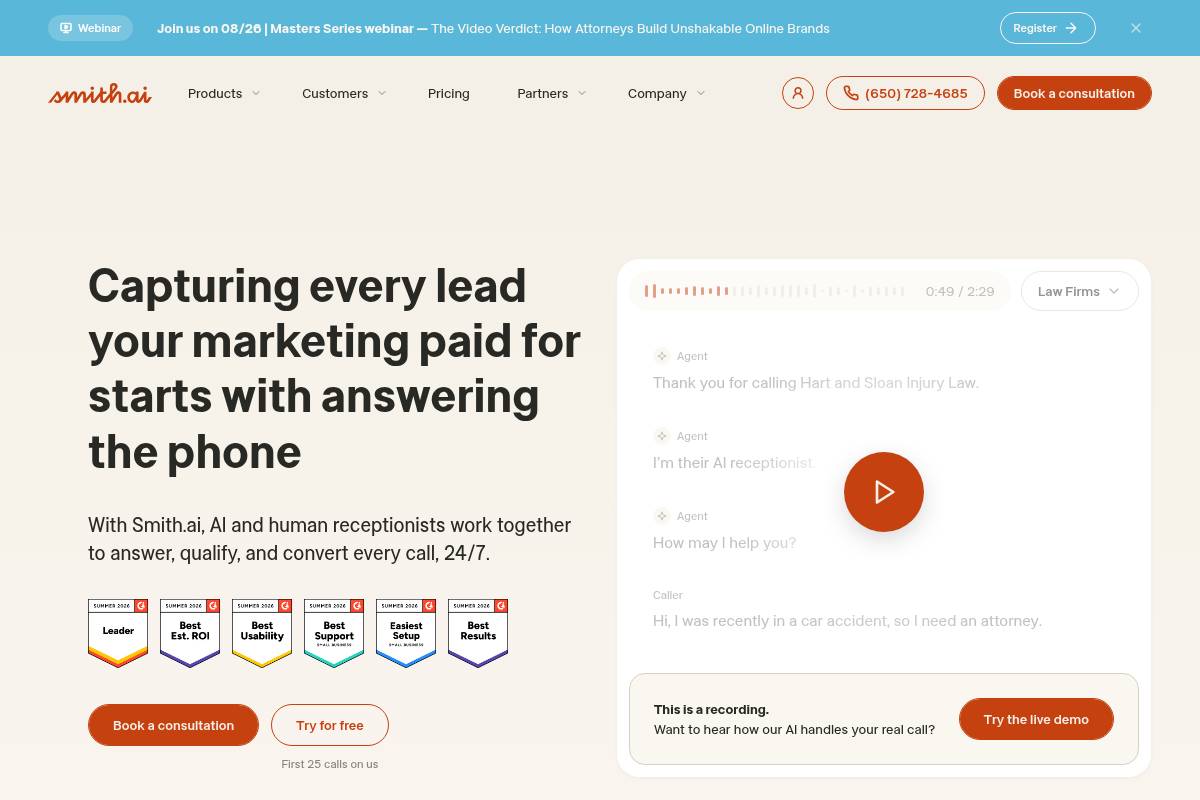 7. Smith.ai — Best for Professional Firms Needing Hybrid AI and Live Agent Backup