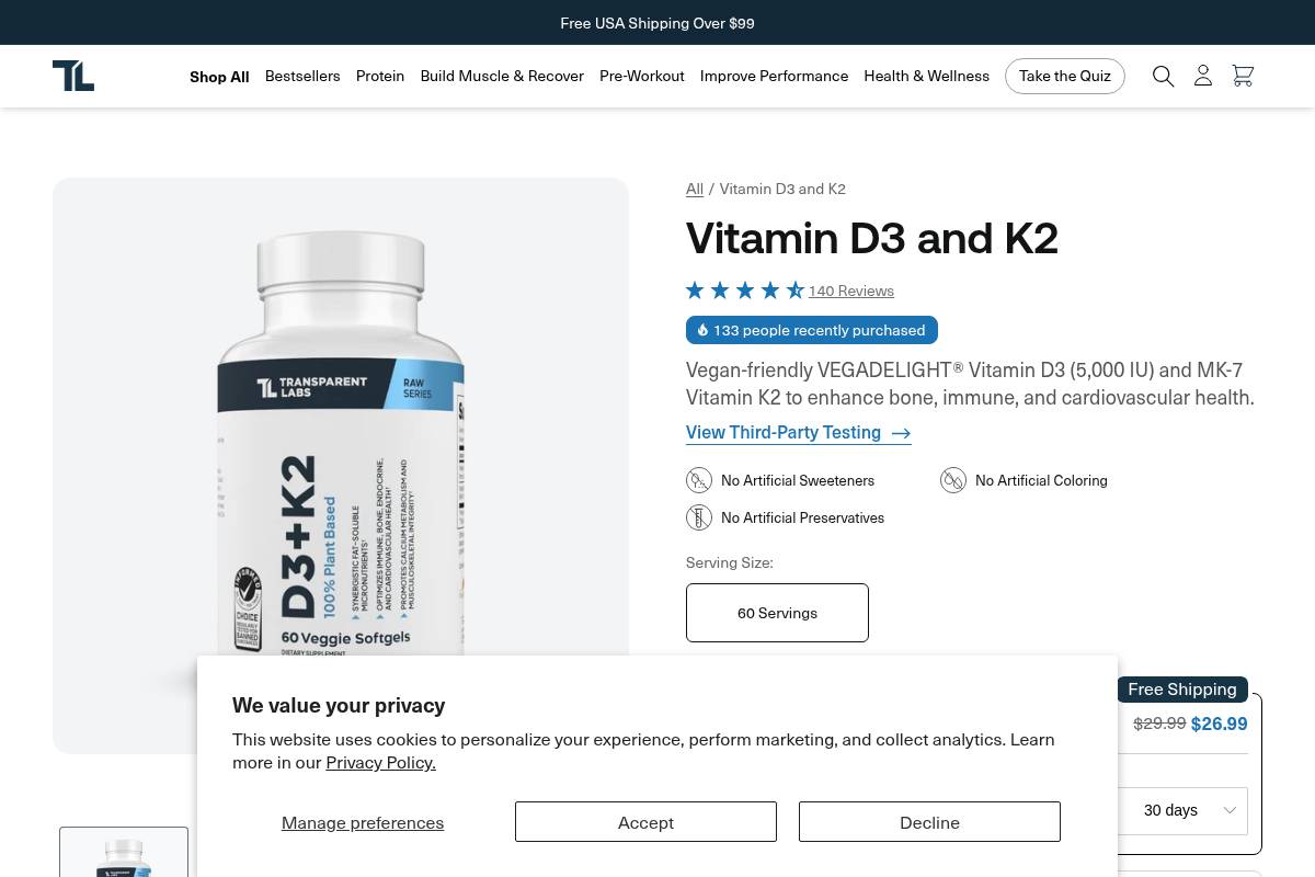 7. Transparent Labs Vitamin D3+K2: Best for Informed Choice Certified Vegan D3+K2