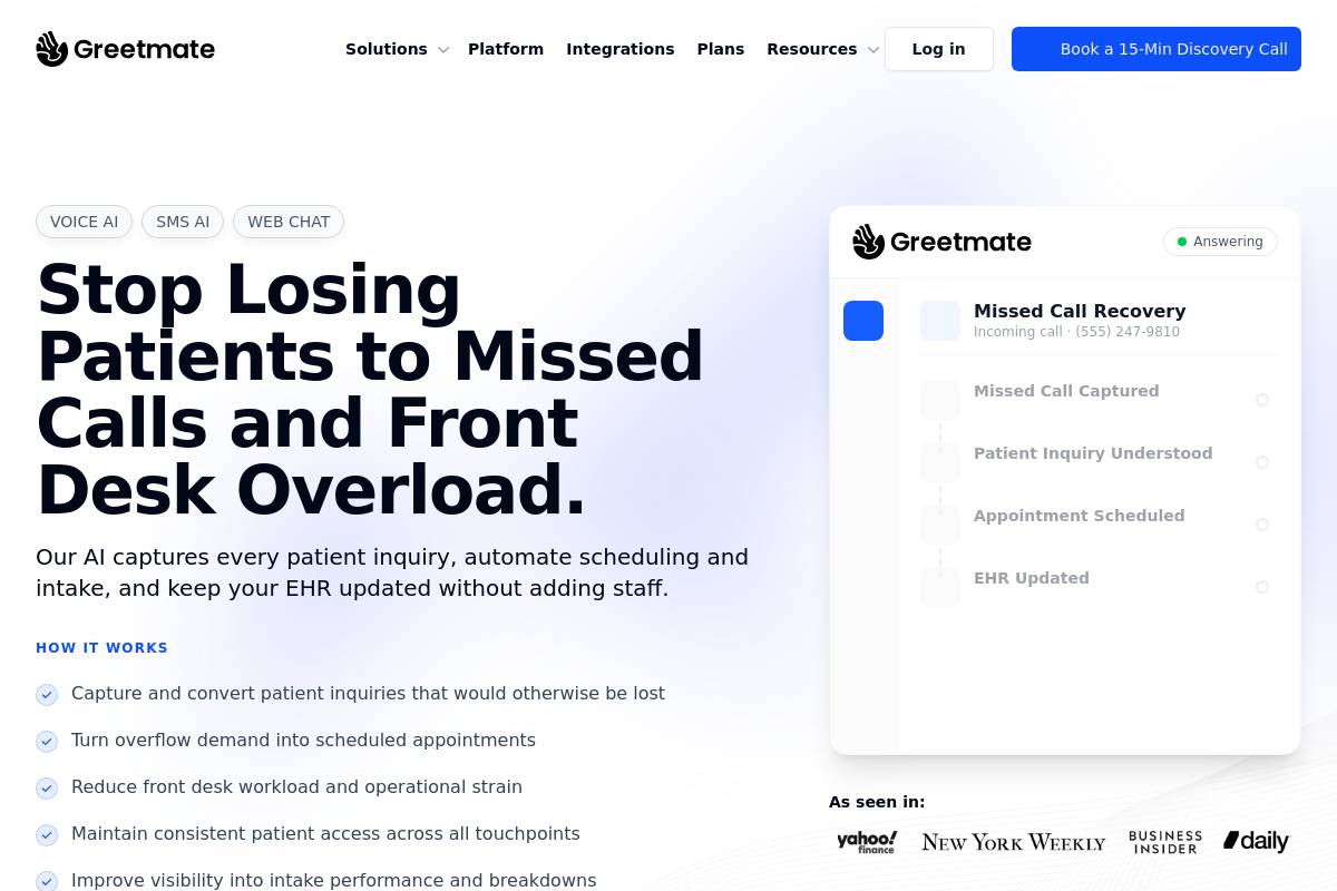8. Greetmate AI — Best for Healthcare Practices Needing Fully Managed HIPAA Deployments