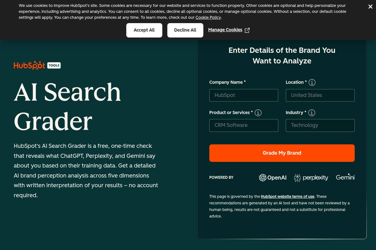 8. HubSpot AI Search Grader: Best for a Free, One-Time AI Visibility Snapshot
