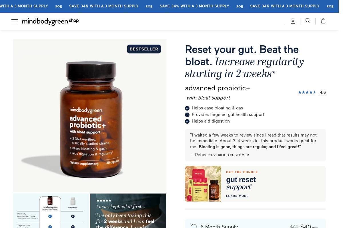 8. mindbodygreen Advanced Probiotic+: Best for Bloat Relief with Premium Wellness Backing