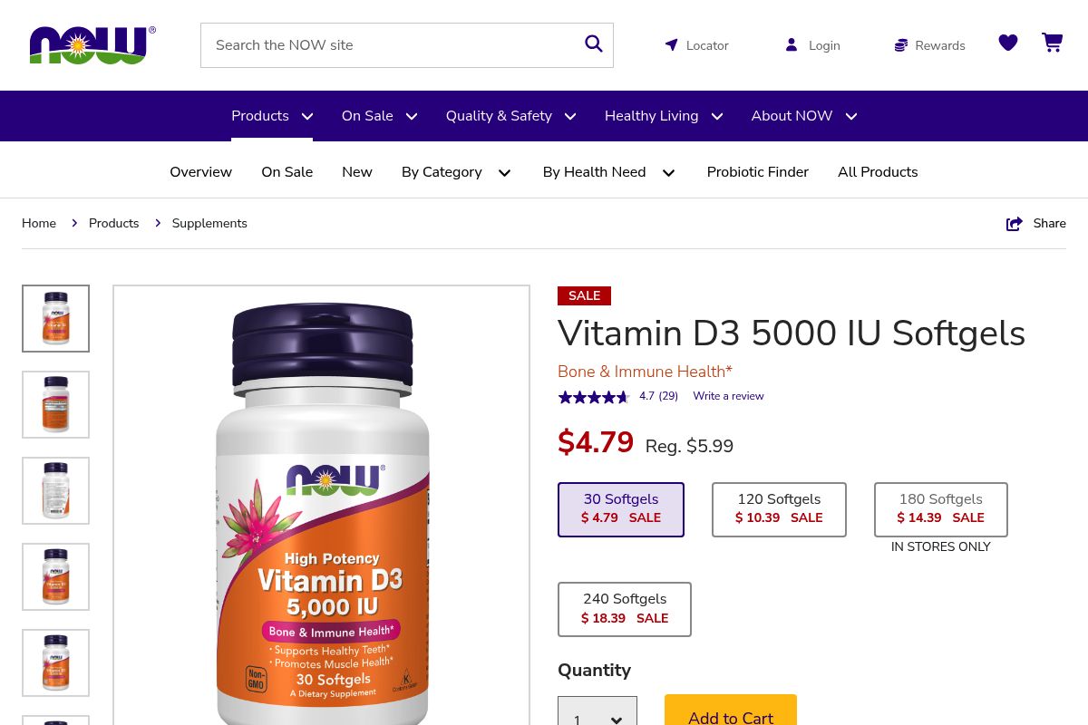 8. NOW Foods Vitamin D3 5000 IU: Best Budget High-Potency Softgel