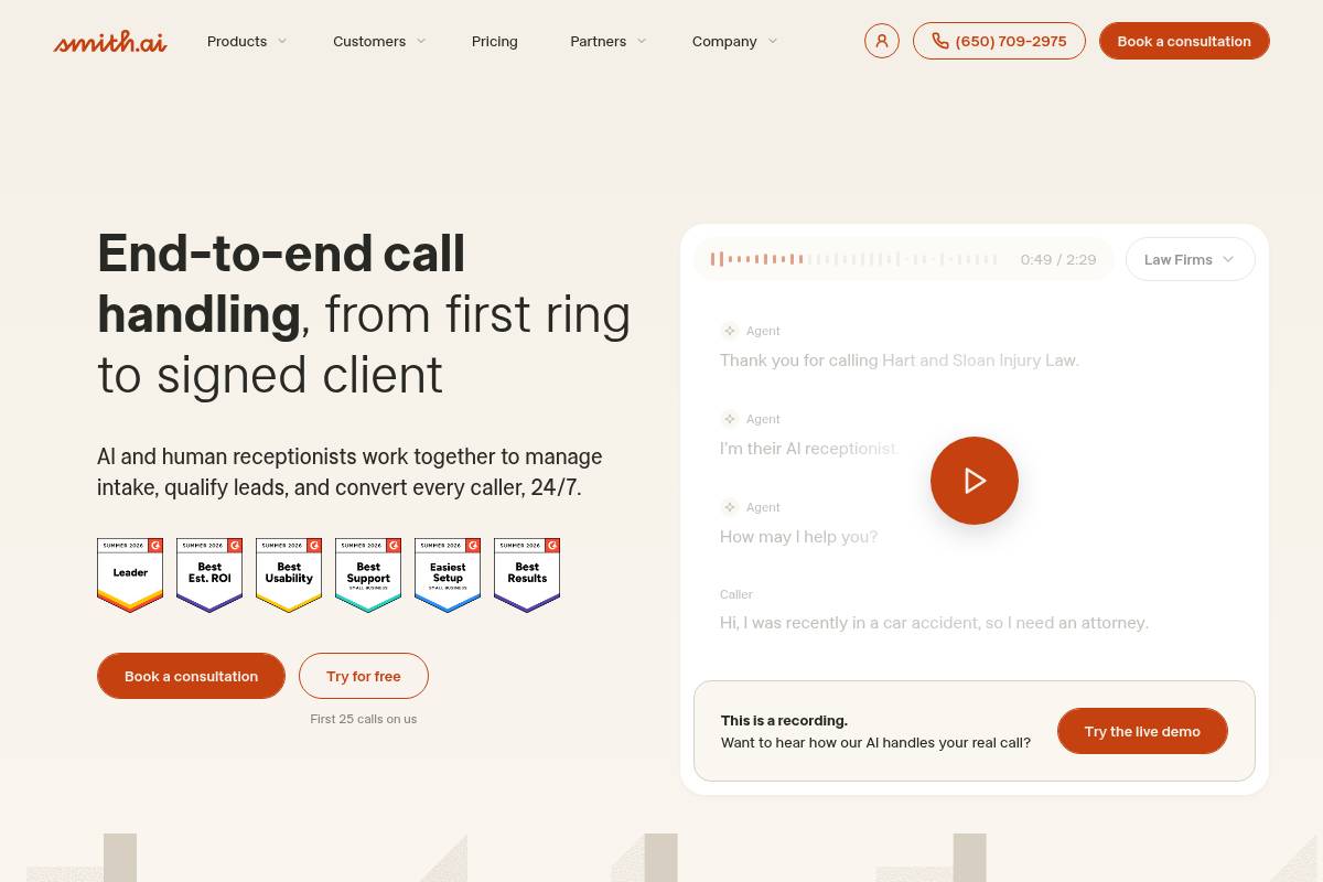 8. Smith.ai — Best for Professional Services Firms Needing AI Plus Human Backup