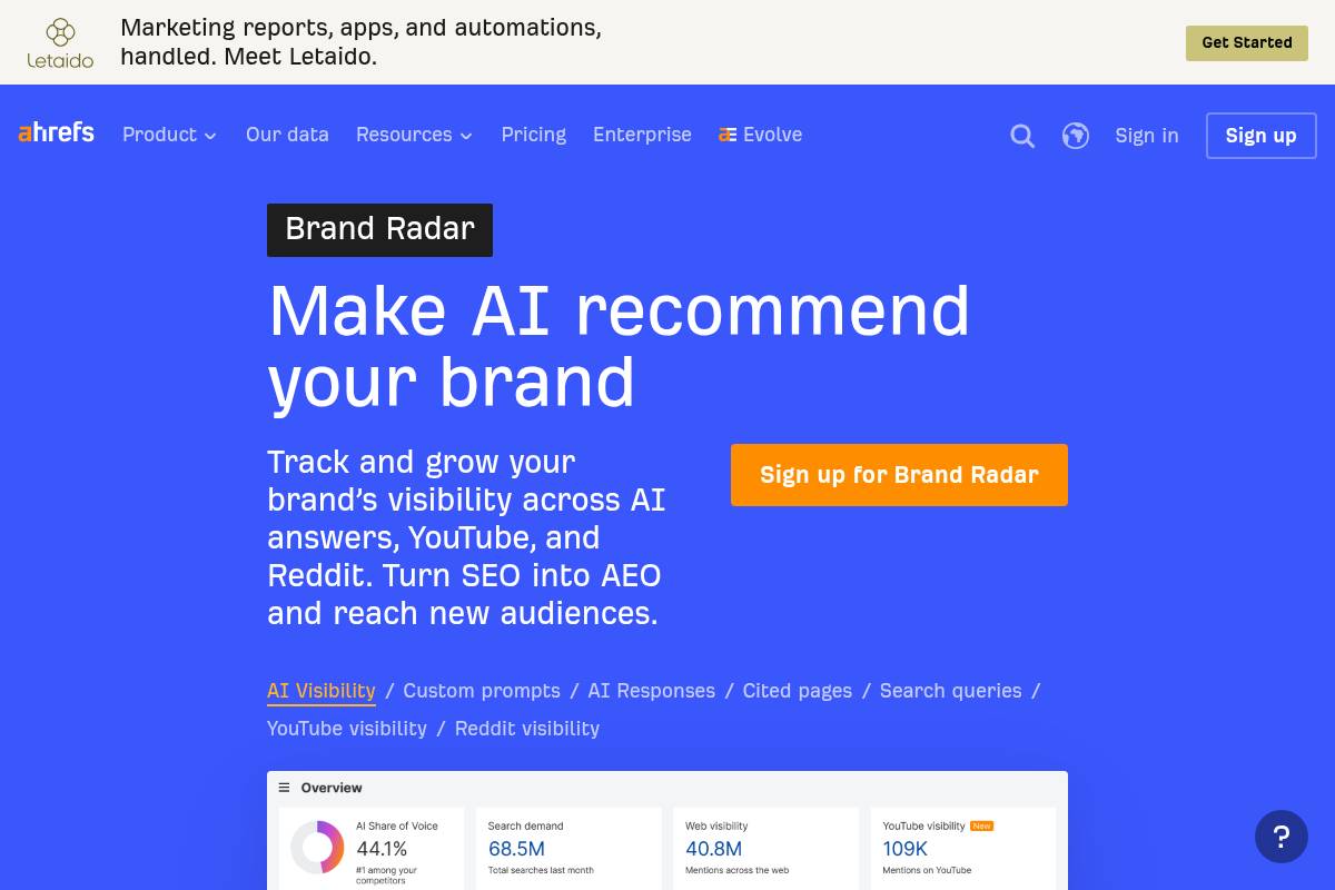 9. Ahrefs Brand Radar: Best for Existing Ahrefs and SEO Data Users