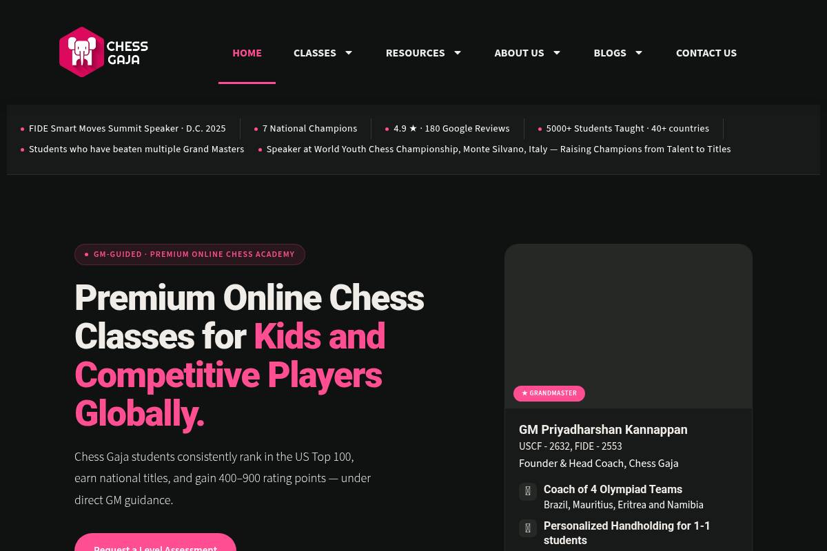 9. Chess Gaja: Best for Affordable Live GM and FIDE-Rated Coaching