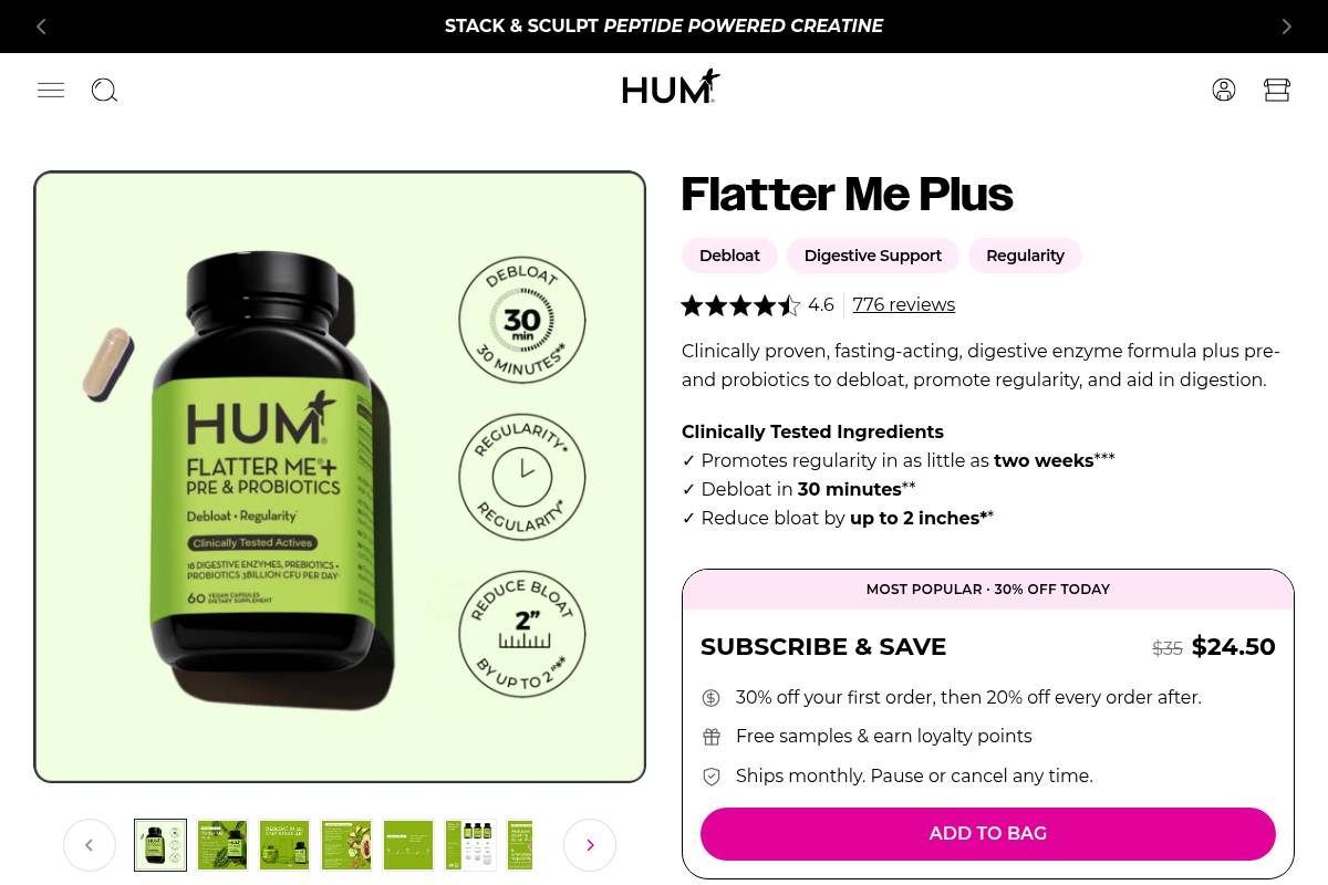 9. HUM Nutrition Flatter Me Plus: Best for Fast Bloating Relief with Digestive Enzymes
