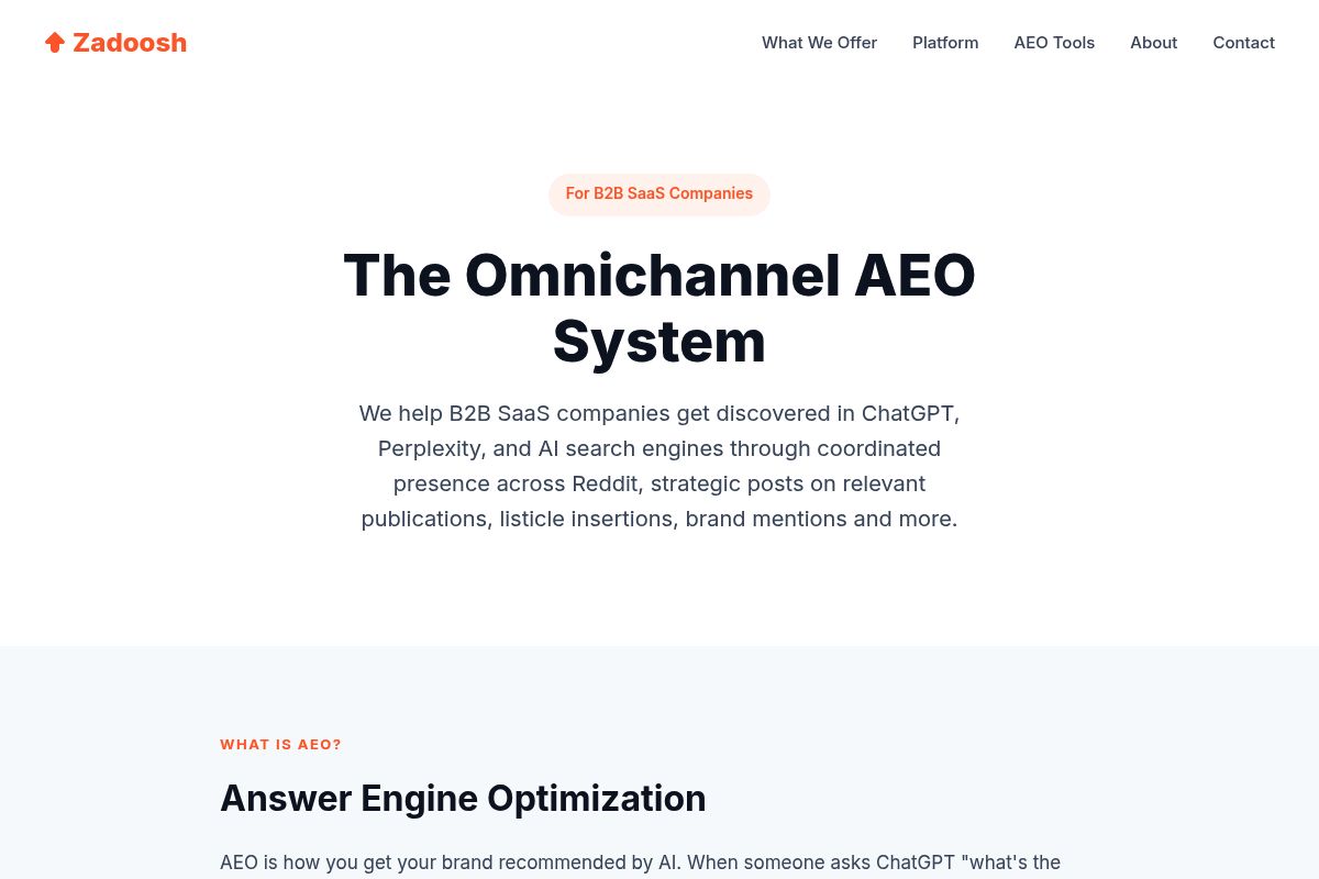 9. Zadoosh — Best for Done-For-You Omnichannel AEO
